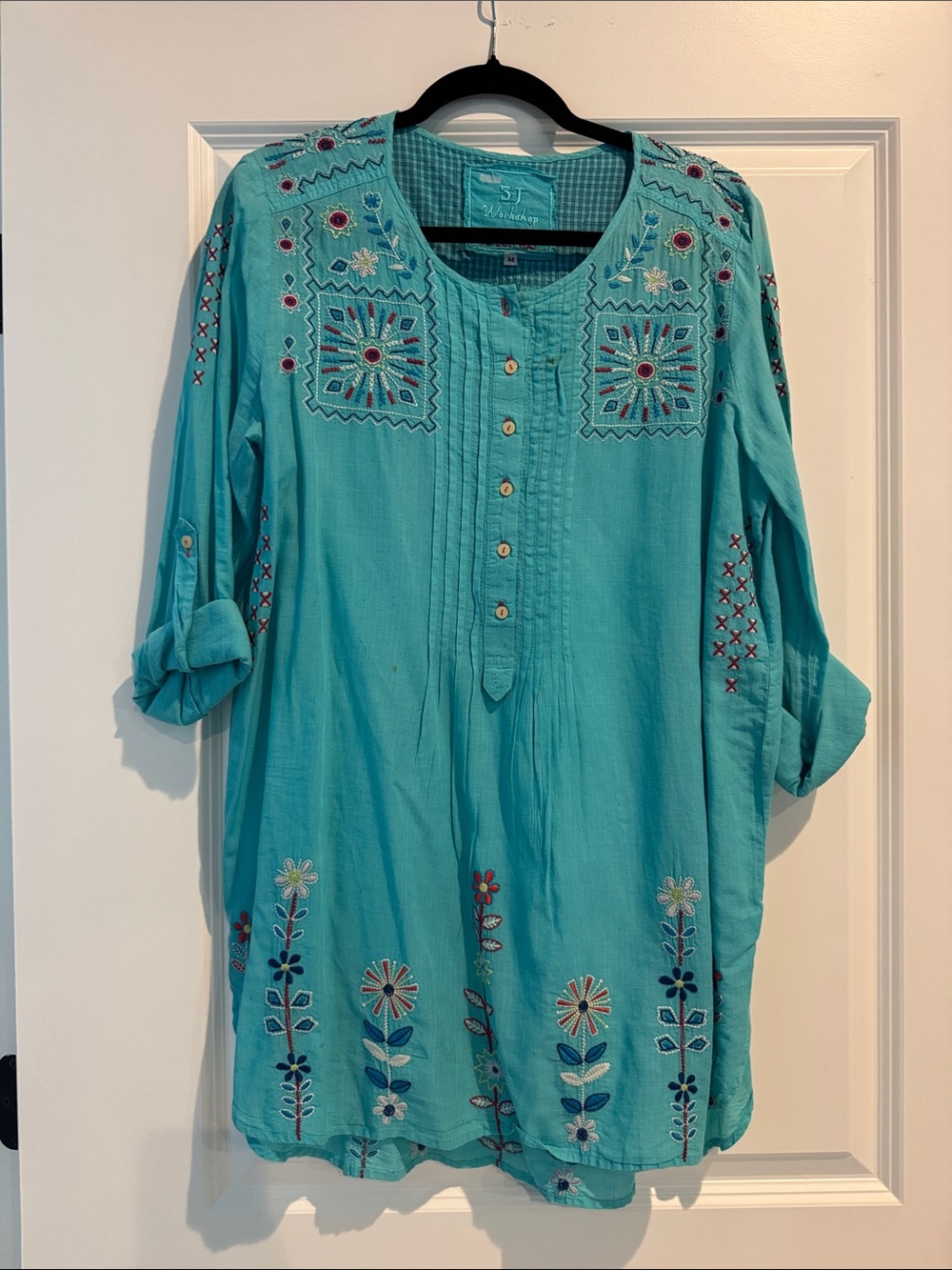 Johnny Was Turquoise Embroidered Cotton Tunic